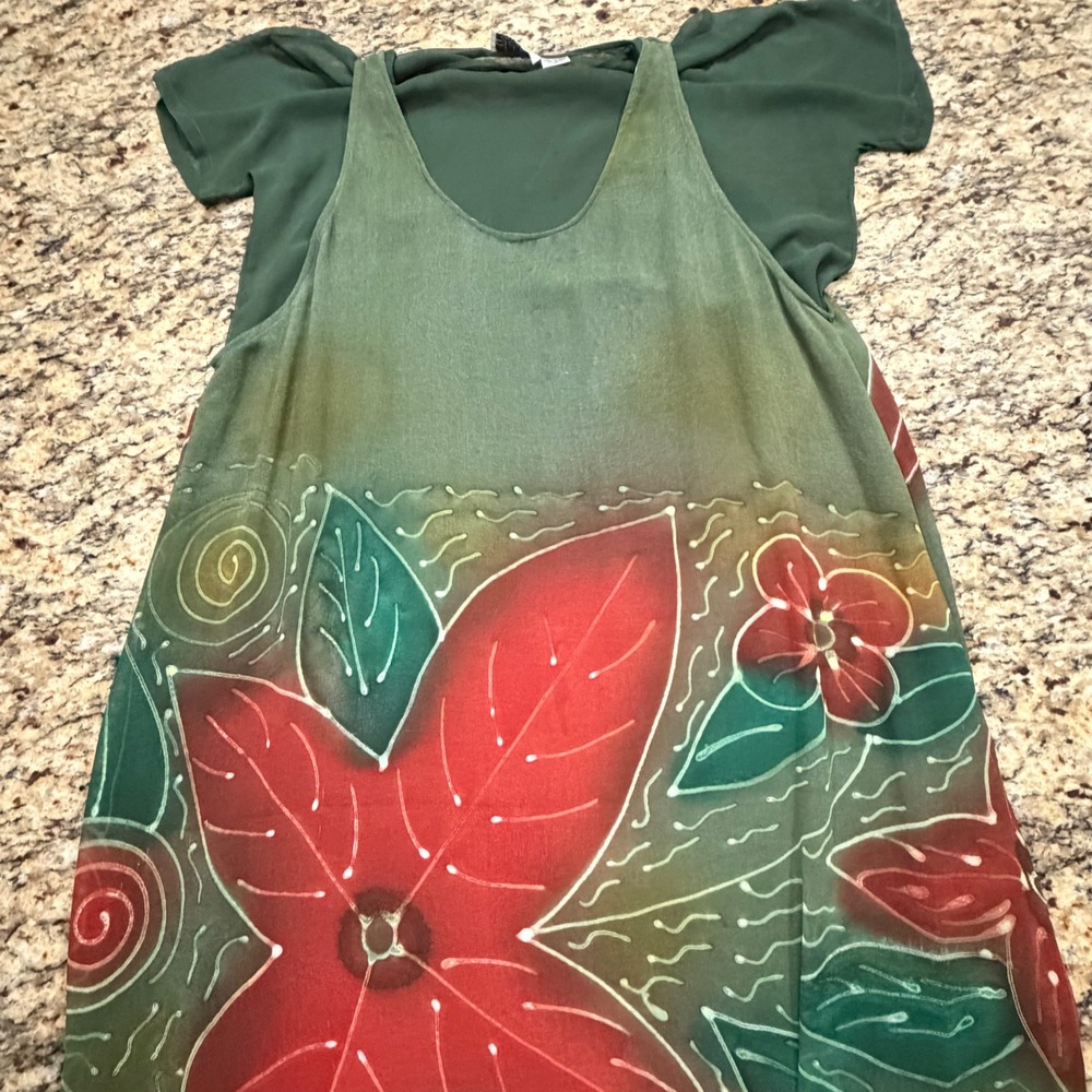 Dalin Collection Green Floral Batik Midi Dress Womens XL Sheer Layered Boho